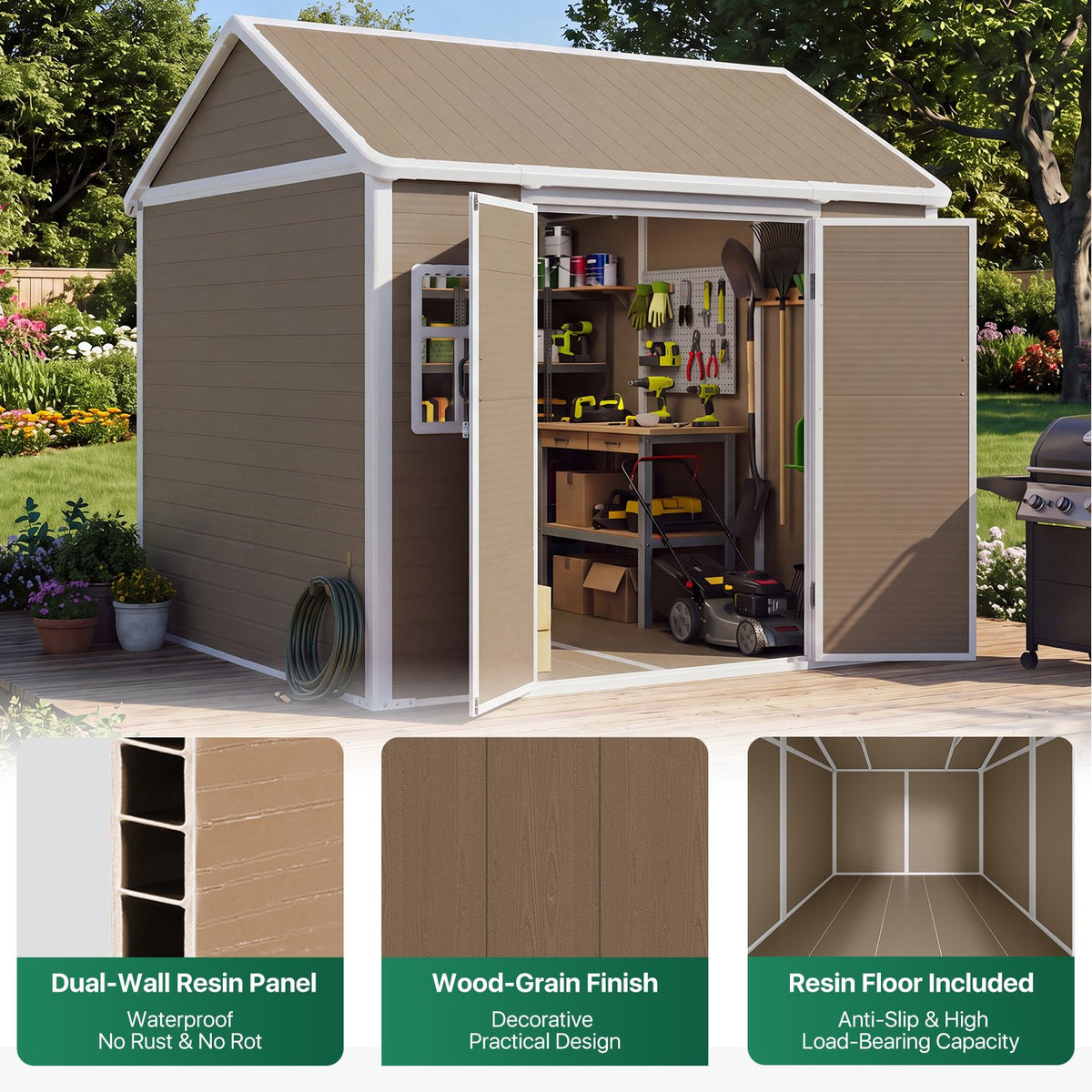 Dateyes 8 x 6 FT Resin Storage Shed, Outdoor Shed with Floor & Window, All-Weather Heavy Duty Plastic Shed for Backyard, Garden, Patio, Brown
