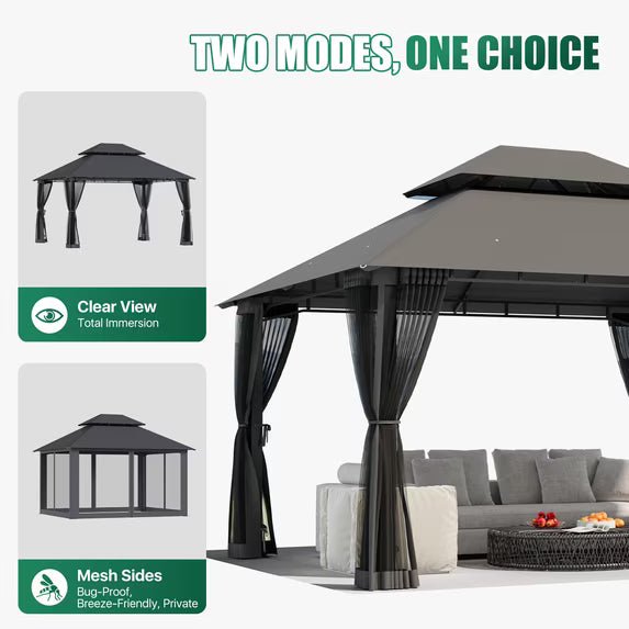 LazySunsets 12'x 10' Patio Gazebo Double Roof Protection All-Weather Outdoor Shelter Features Insect Screens for Backyard, Lawn, (Gray)