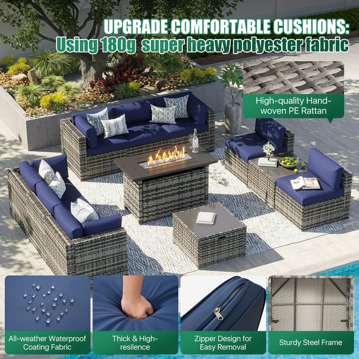 Clouddwell 11 Piece Patio Furniture Set with 44” Fire Pit Table Wicker Rattan Patio Conversation Set Outdoor Sectional Sofa Set with Coffee Table and Blue Cushions