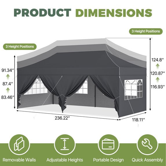 Clouddwell 10'x20' Pop Up Canopy Tent with 6 Removable Sidewalls, Adjustable Height Instant Outdoor Canopy, Portable Sun Shade Shelter with 4 Sandbags, Easy Setup for Parties, Camping, Events, Gray