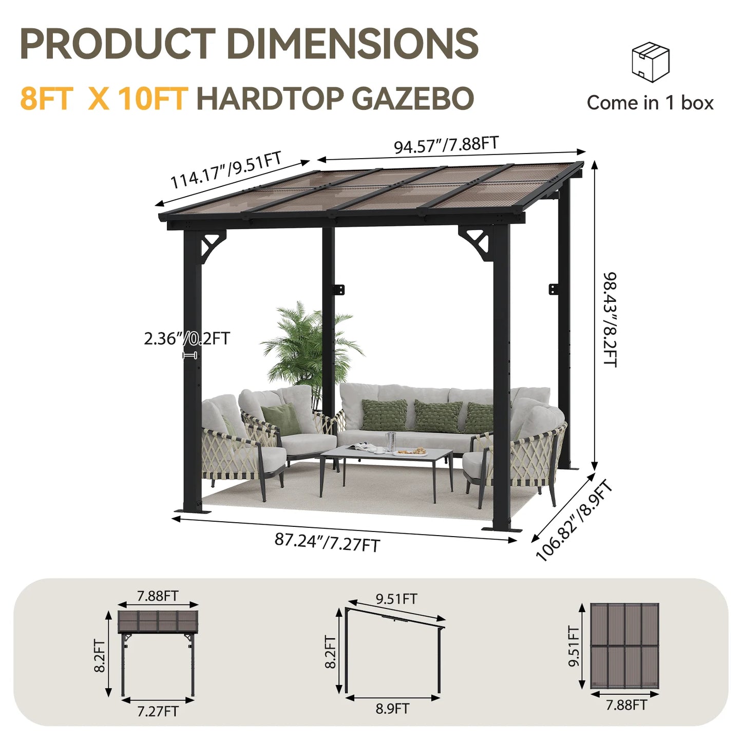 Aoxun 8' x 10' Gazebo for Patio, Large Wall-Mounted Heavy Duty Awnings, Gazebo Pergola with Sloped Roof, for Backyard, Deck, Patio