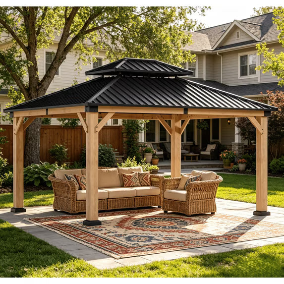 Clouddwell 12' × 14' Cedar Wood Hardtop Gazebo with Ventilated Double-Tier Metal Roof for Outdoor Patio & Backyard