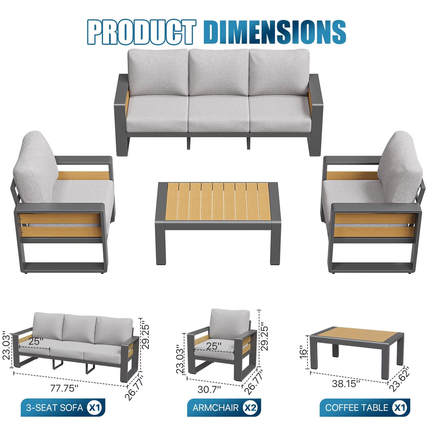 Clouddwell 5-Seats Aluminum Patio Furniture Set, Outdoor Metal Sofa Conversation Set with Coffee Table for Pool Garden Porch Backyard, Light Gray