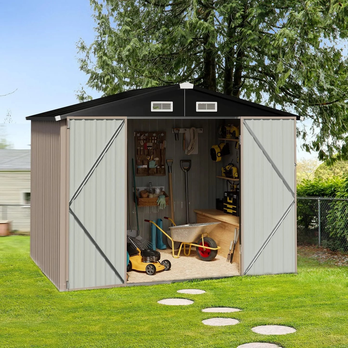Sumthink 8.5 x 5.6 FT Outdoor Storage Shed, Metal Shed for Garden, Backyard, Patio, Brown