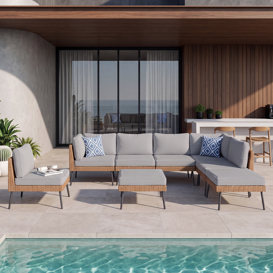 Clouddwell 8-Piece Patio Furniture Set, Wicker Outdoor Furniture with Water Resistant Thick Cushions, Patio Conversation Set Outdoor Sectional Sofa with Coffee Table for Backyard Poolside, Light Gray