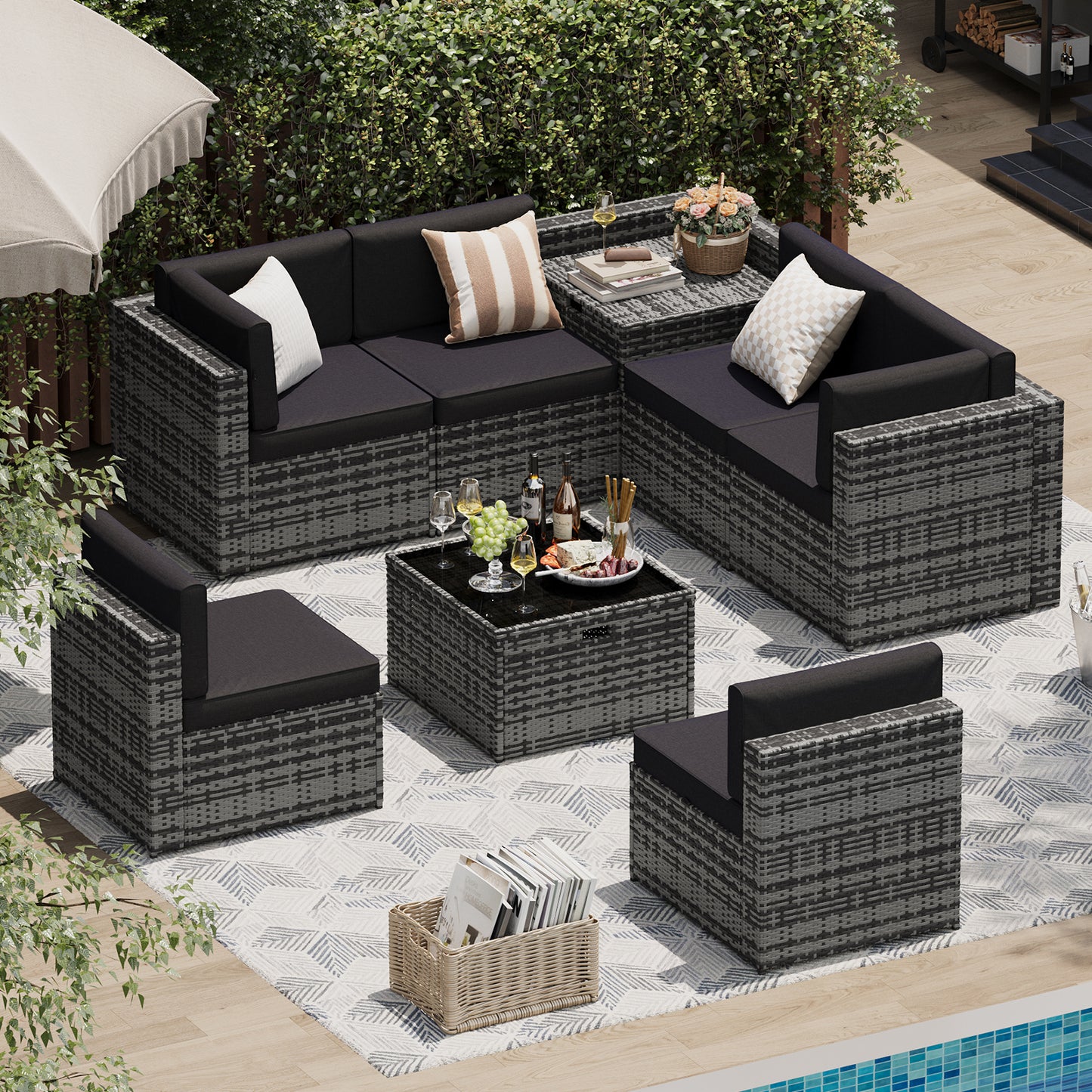 Clouddwell 8 Piece Patio Furniture Set, Wicker Outdoor Furniture with Large Storage Table, Black