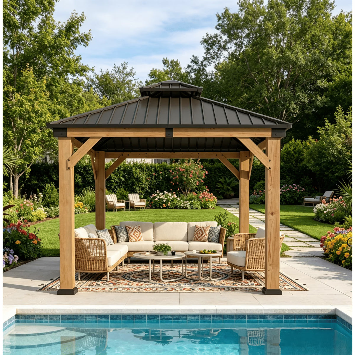 Clouddwell 10' × 10' Cedar Wood Hardtop Gazebo with Ventilated Double-Tier Metal Roof for Outdoor Patio & Backyard