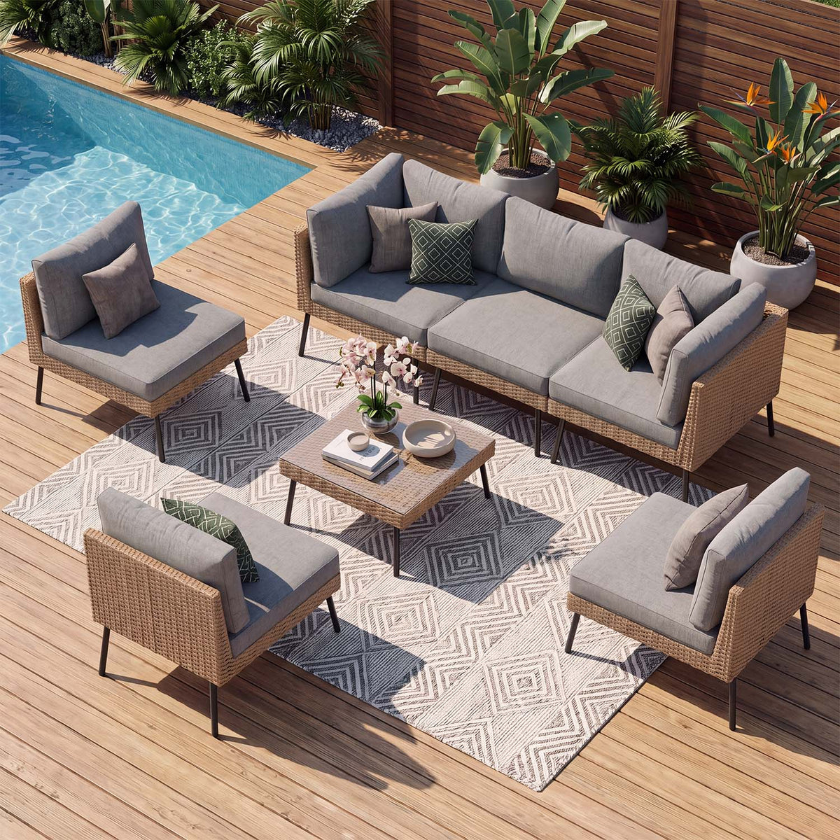 Clouddwell 7-Piece Patio Furniture Set, Wicker Outdoor Furniture with Water Resistant Thick Cushions, Patio Conversation Set Outdoor Sectional Sofa with Coffee Table for Backyard Poolside, Light Gray