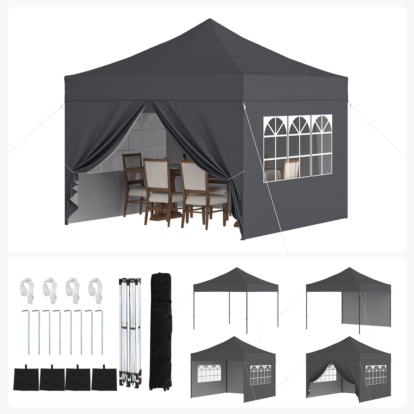 Clouddwell 10'x10' Pop Up Canopy Tent with 4 Removable Sidewalls, Adjustable Height Instant Outdoor Canopy, Portable Sun Shade Shelter with 4 Sandbags, Easy Setup for Parties, Camping, Events, Gray
