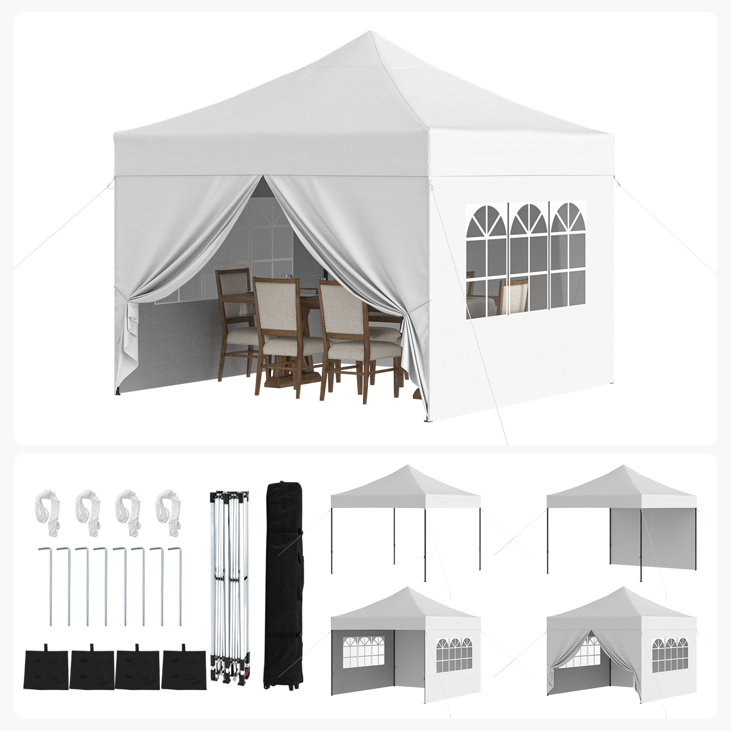 Clouddwell 10'x10' Pop Up Canopy Tent with 4 Removable Sidewalls, Adjustable Height Instant Outdoor Canopy, Portable Sun Shade Shelter with 4 Sandbags, Easy Setup for Parties, Camping, Events, White