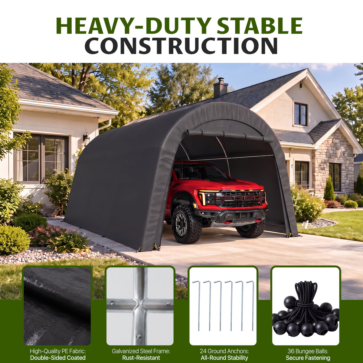 Dateyes 10x20 FT Carport Round Top Shelter, Carport Canopy with Roll-up Doors, Portable Garage Portable Carport with Waterproof UV PE Cover, Car Canopy for Car, Truck, SUV, Boat, Dark Gray