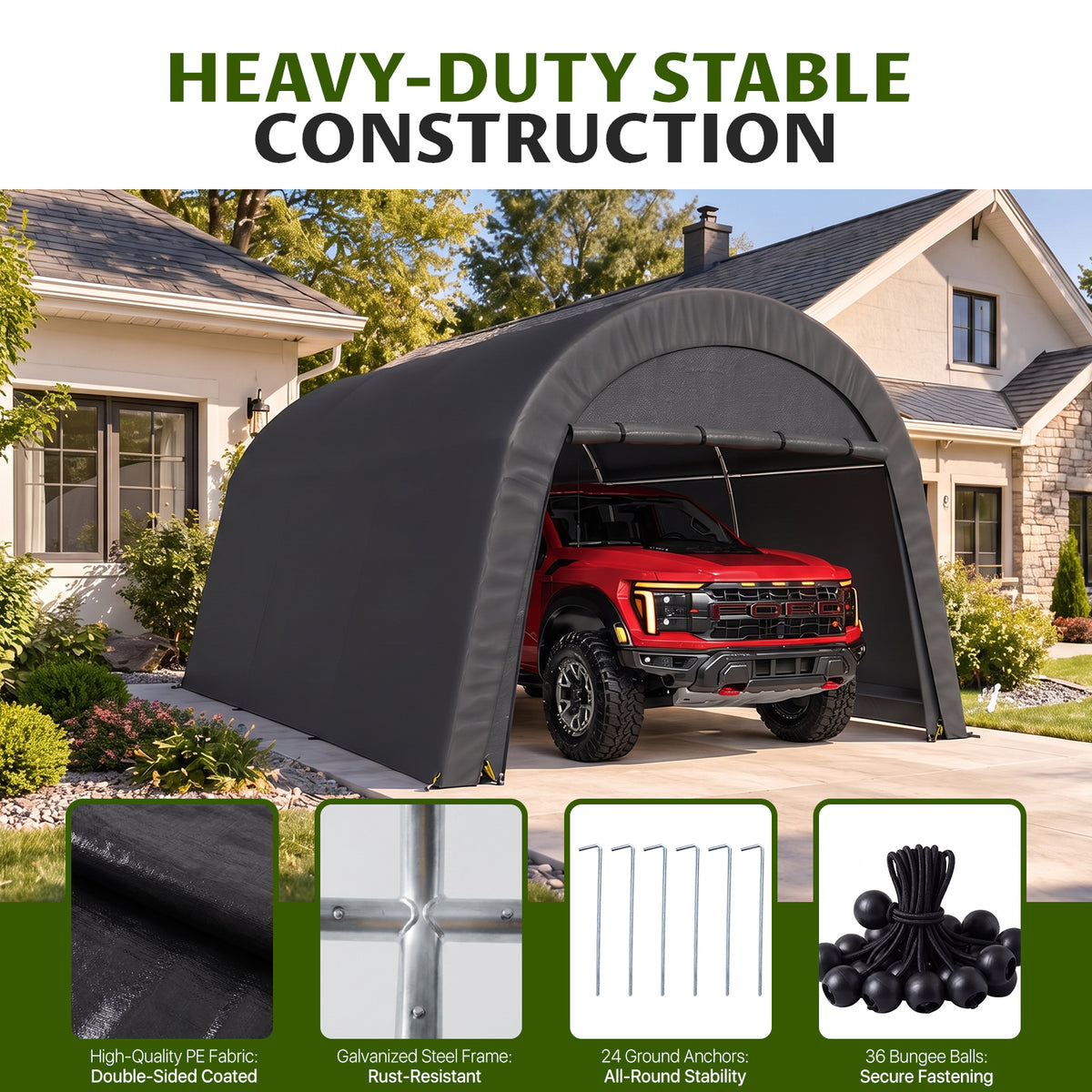 Dateyes 13x20 FT Carport Round Top Shelter, Carport Canopy with Roll-up Doors, Portable Garage Portable Carport with Waterproof UV PE Cover, Car Canopy for Car, Truck, SUV, Boat, Dark Gray