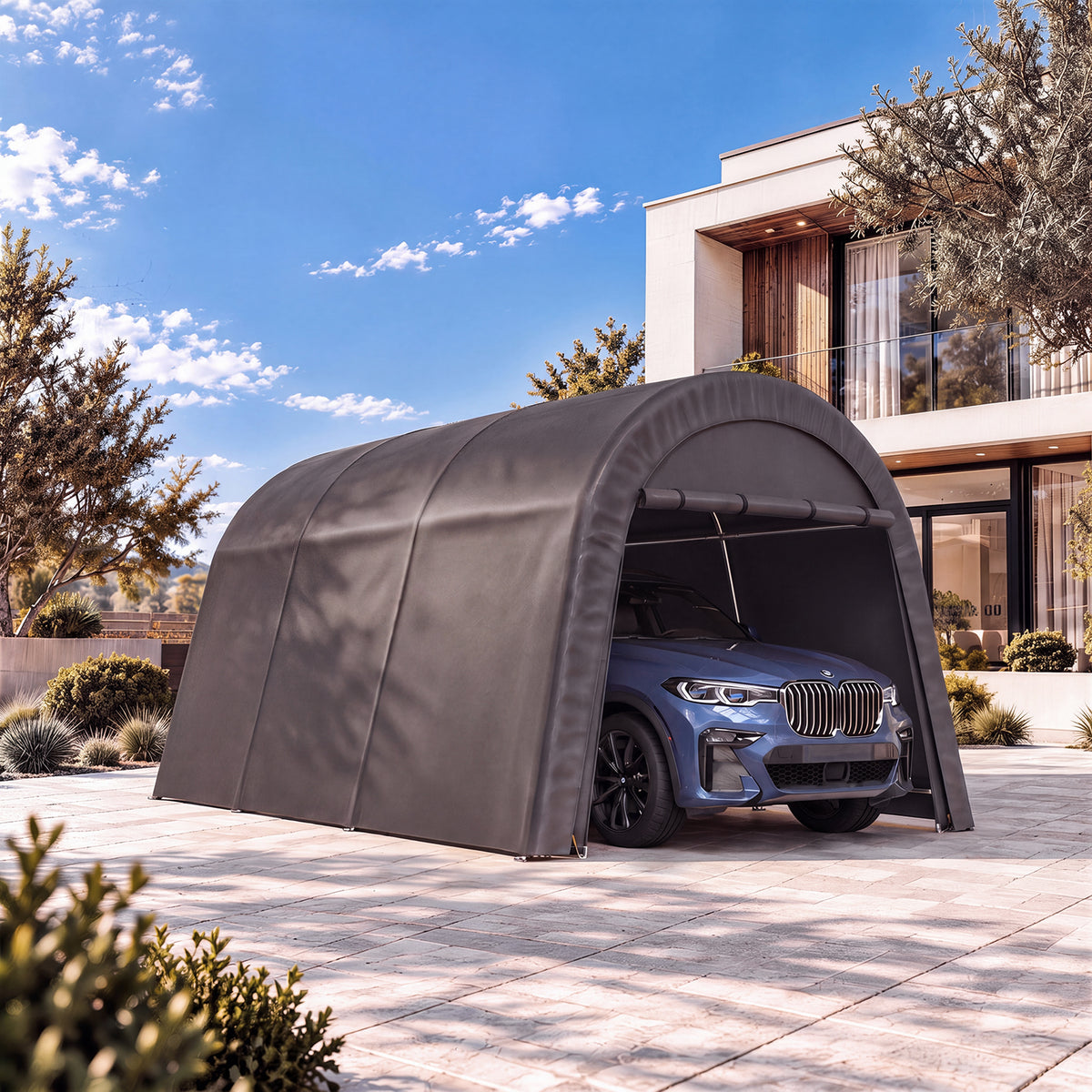 Dateyes 10x20 FT Carport Round Top Shelter, Carport Canopy with Roll-up Doors, Portable Garage Portable Carport with Waterproof UV PE Cover, Car Canopy for Car, Truck, SUV, Boat, Dark Gray