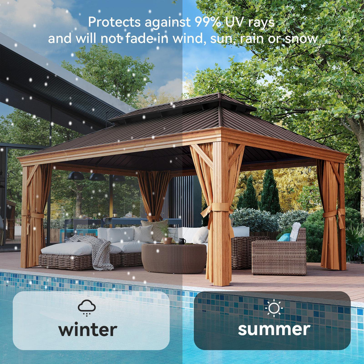 Aoxun 12x16FT Outdoor Hardtop Gazebo, Galvanized Steel Double Roof Gazebo with Curtains & Net for Patios, Deck, Backyard, Brown