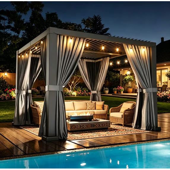 Clouddwell 10' × 10' Adjustable Louvered Pergola, Outdoor Aluminum Pergola with Curtains & Netting for Backyard, Deck & Poolside, Gray