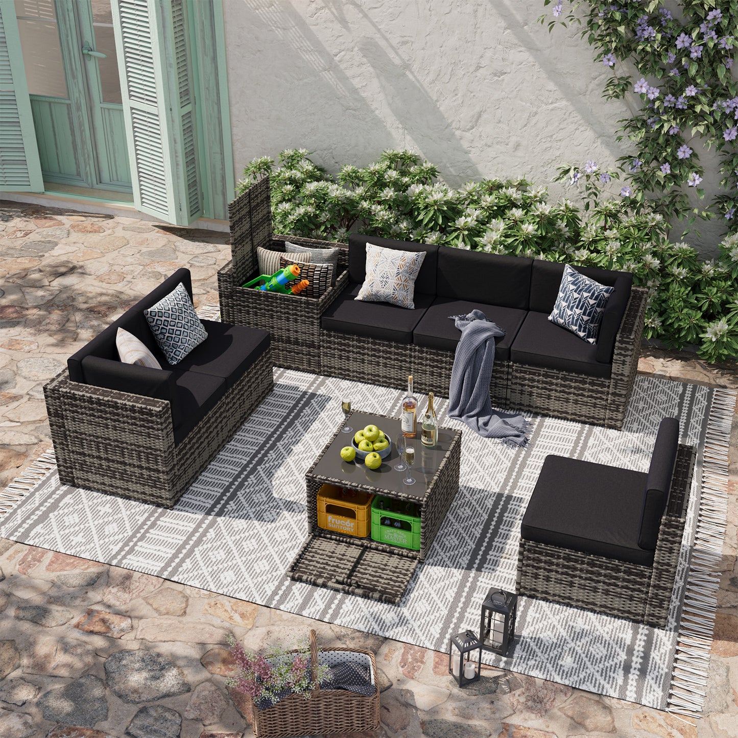 Clouddwell 8 Piece Patio Furniture Set, Wicker Outdoor Furniture with Large Storage Table, Black