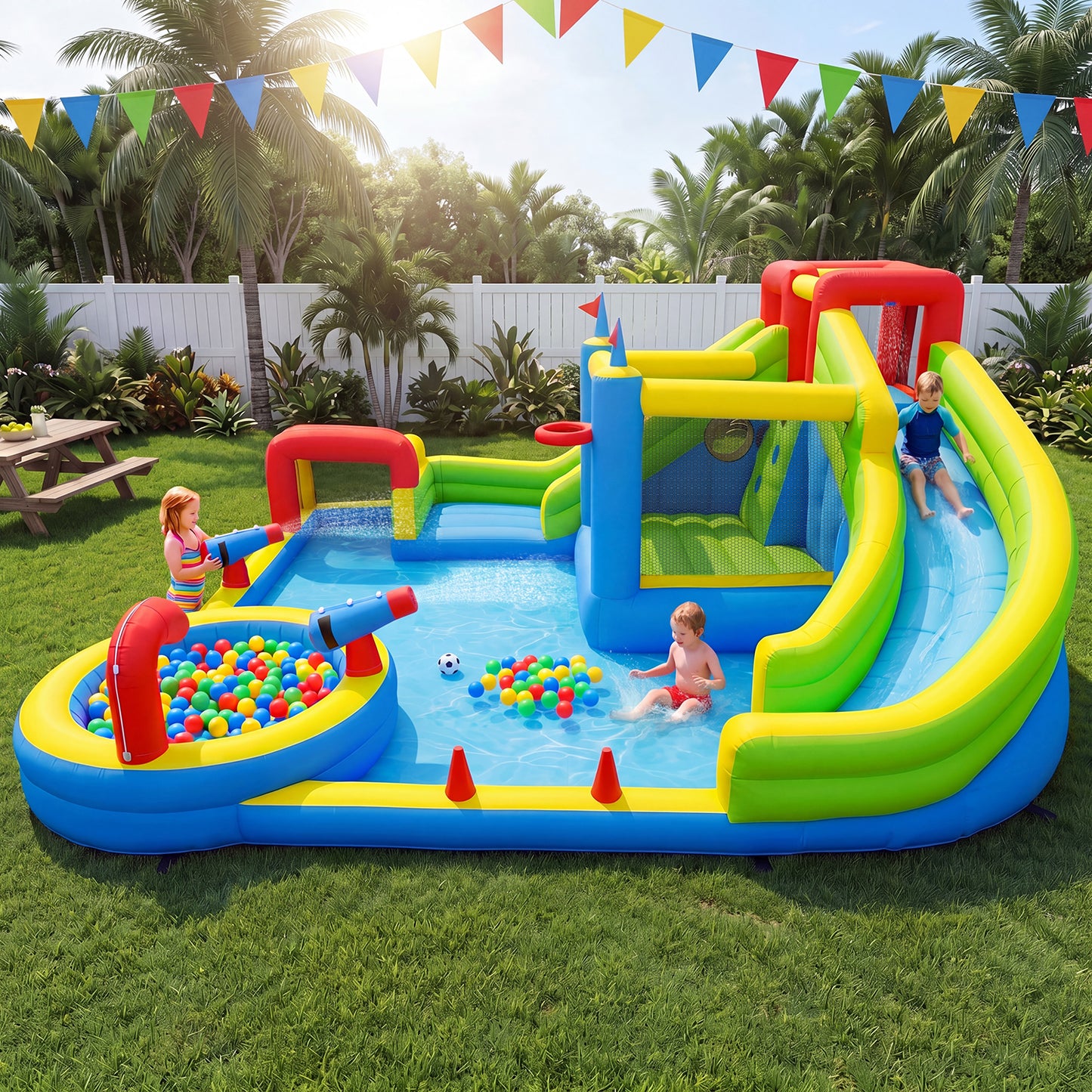 Clouddwell Inflatable Water Slide for Kids with 450W Blower, 8 in 1 Water Park Bounce House for Outdoor Summer Fun, Large Water Park, 14x17FT