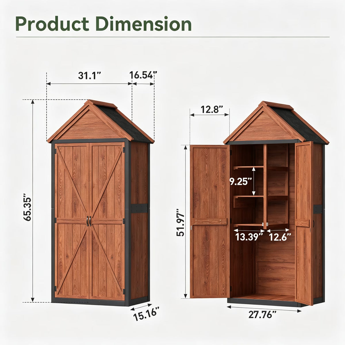 Sumnthink Wooden Garden Shed, Outdoor Storage Shed with Asphalt Roof, 3 Half Shelves, Solid Wood & Metal Frame for Garden Tools, Pool Supplies & Patio Storage