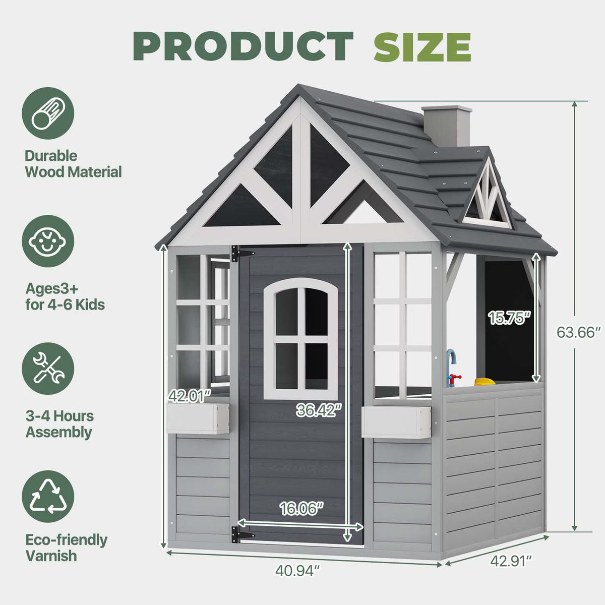 Dateyes Wooden Toddler Playhouse 3x4FT Grey Gable House with Chimney, Pretend Kitchen Accessories, Blackboard and Bar Counter for Outdoor Backyard Play