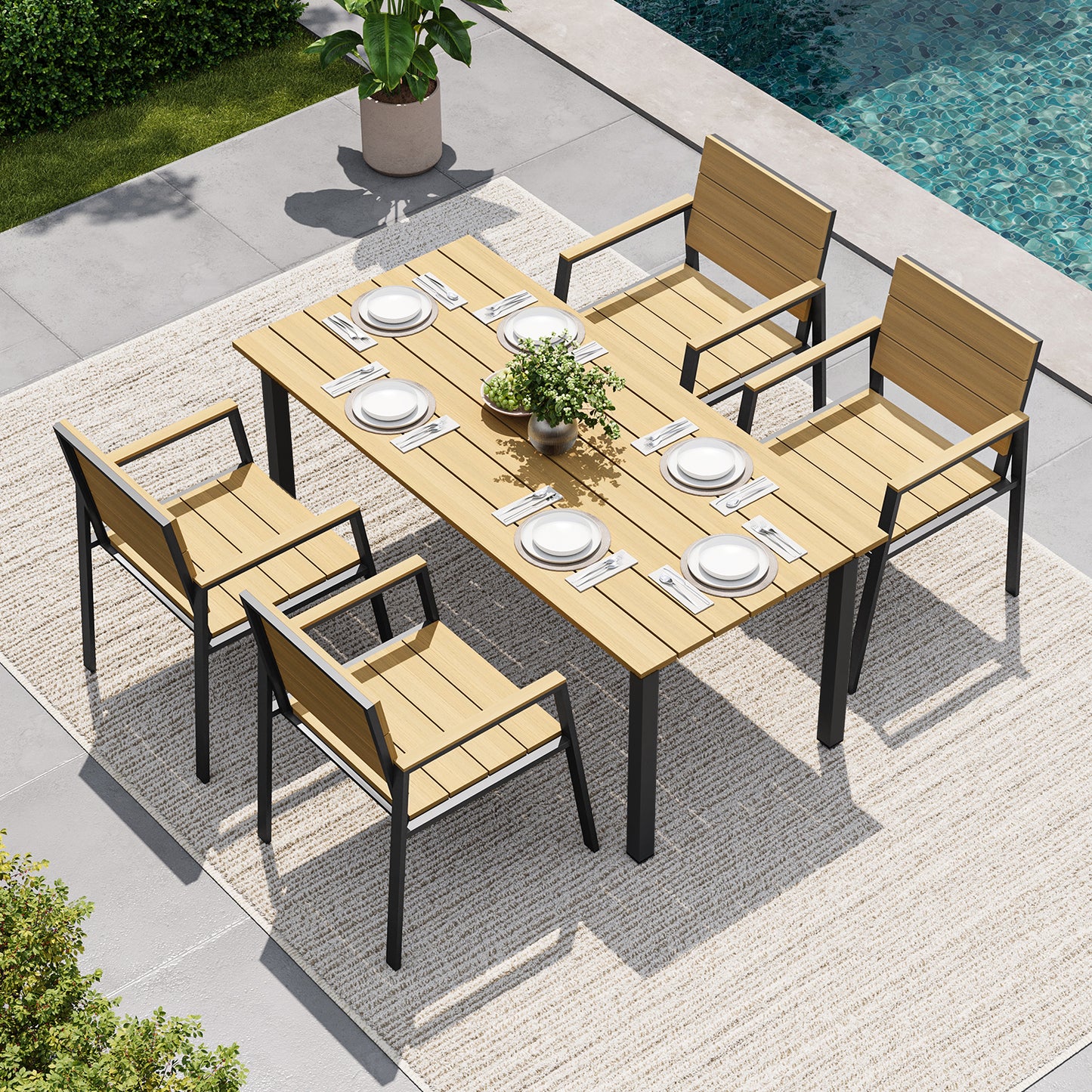 Clouddwell 5 Piece Patio Dining Set for 4, Yellow HDPS Aluminum Frame Outdoor Table & Chairs with Umbrella Hole, All Weather Rot Fade Crack Proof Heavy Duty Patio Furniture for Backyard