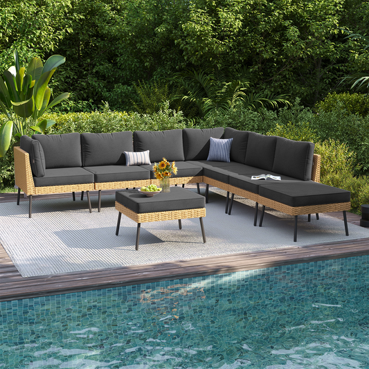 Clouddwell 8-Piece Patio Furniture Set, Wicker Outdoor Furniture with Water Resistant Thick Cushions, Patio Conversation Set Outdoor Sectional Sofa with Coffee Table for Backyard Poolside, Black