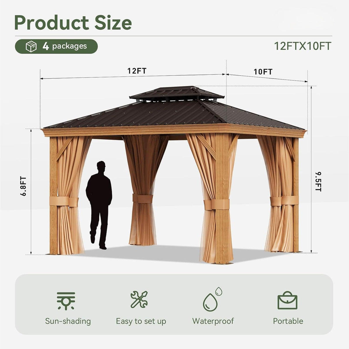 Clouddwell 10' x 12' Hardtop Gazebo, Aluminum Outdoor Gazebo with Galvanized Steel Double Roof, Hidden Gutter System, Privacy Curtains & Mosquito Netting