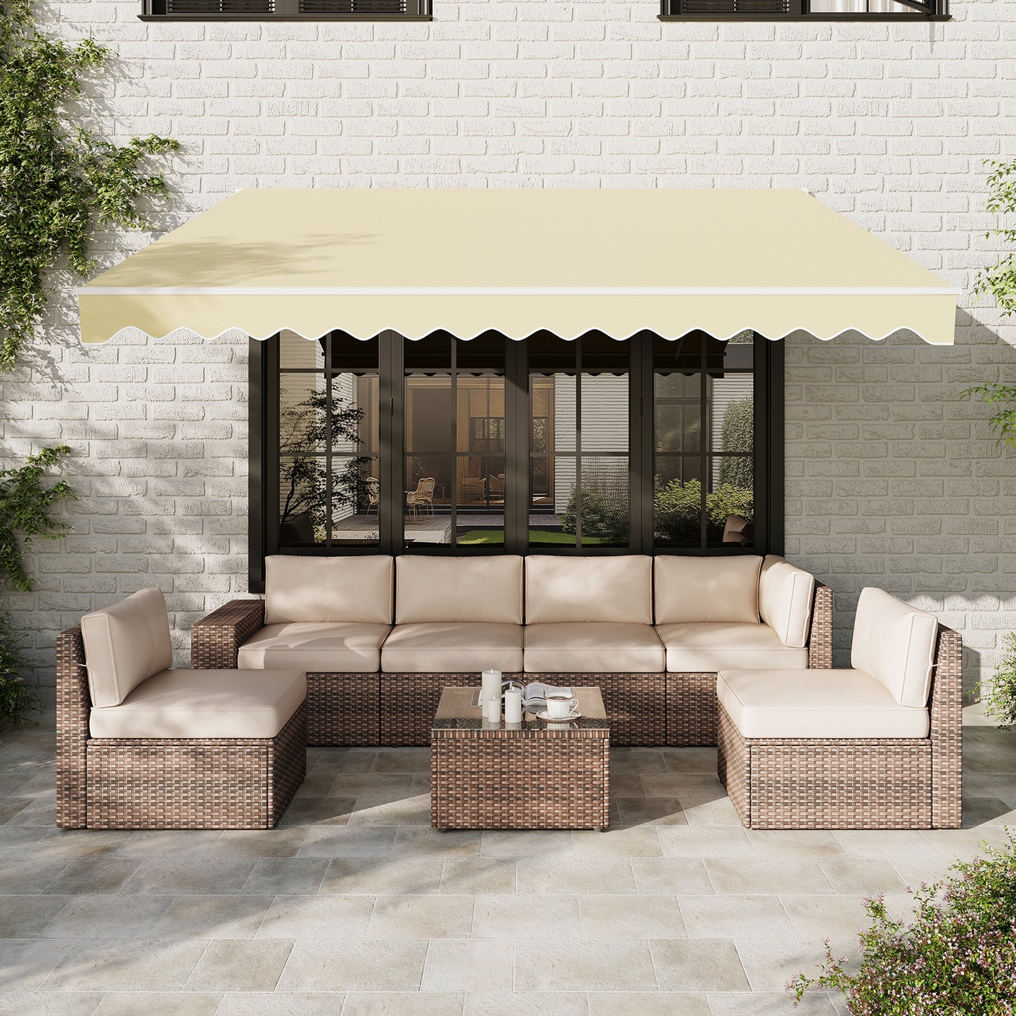 Aoxun Manual Retractable Awning 12x10 FT, Outdoor Patio Sun Shade Canopy with Crank Handle, Waterproof PA Coated Polyester Fabric for Backyard, Deck & Window, Beige