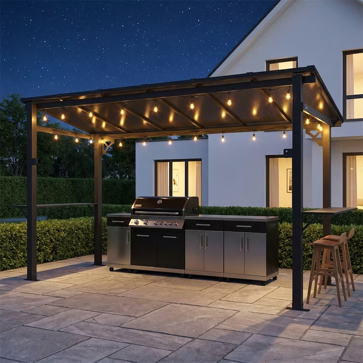 Clouddwell 12'x5.5' Permanent Metal Gazebo,Outdoor BBQ Canopy with Polycarbonate Panel & Sloping Steel Roof, Grill Shelter with 2 Side Shelves and Hooks for Patio, Backyard, Deck
