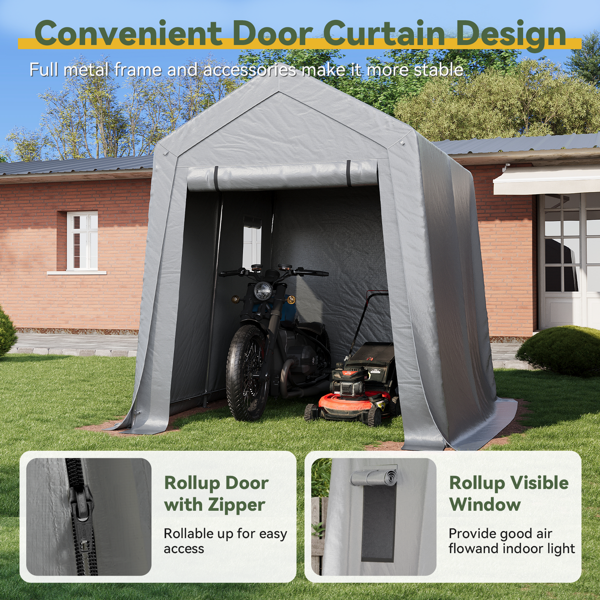 Aoxun 6x8 FT Carport Shed, Portable Storage Shed with Roll-Up Door & Window, Waterproof Storage Tent With Galvanized Steel Frame for Equipment, Bike