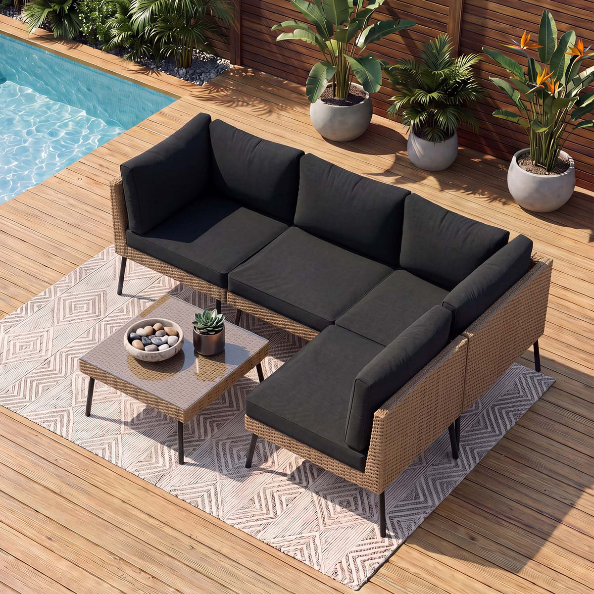 Dateyes 5‑Piece Rattan Outdoor Sectional Sofa Set, Black Cushions Patio Conversation Furniture Set