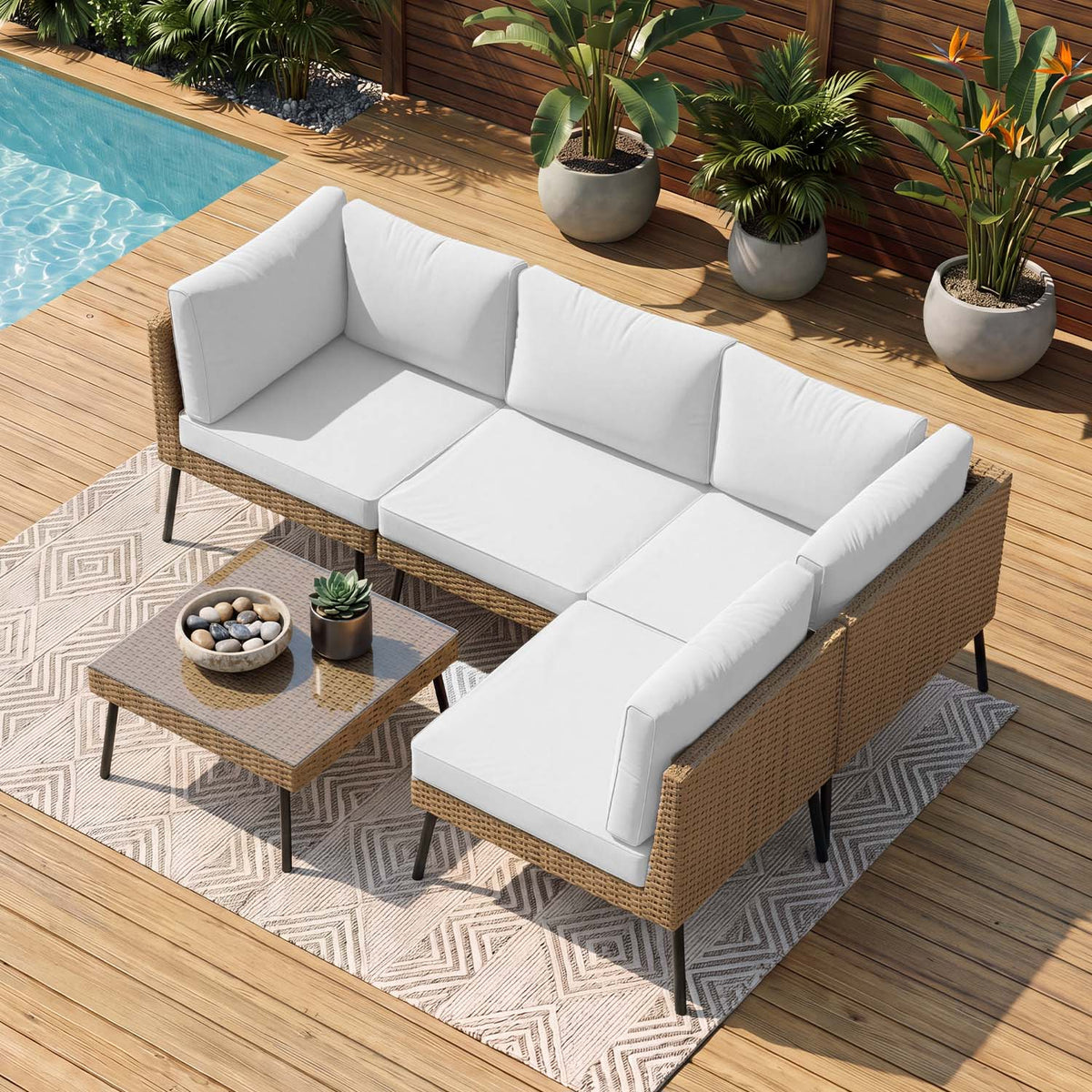 Dateyes 5‑Piece Rattan Outdoor Sectional Sofa Set, Beige Cushions Patio Conversation Furniture Set