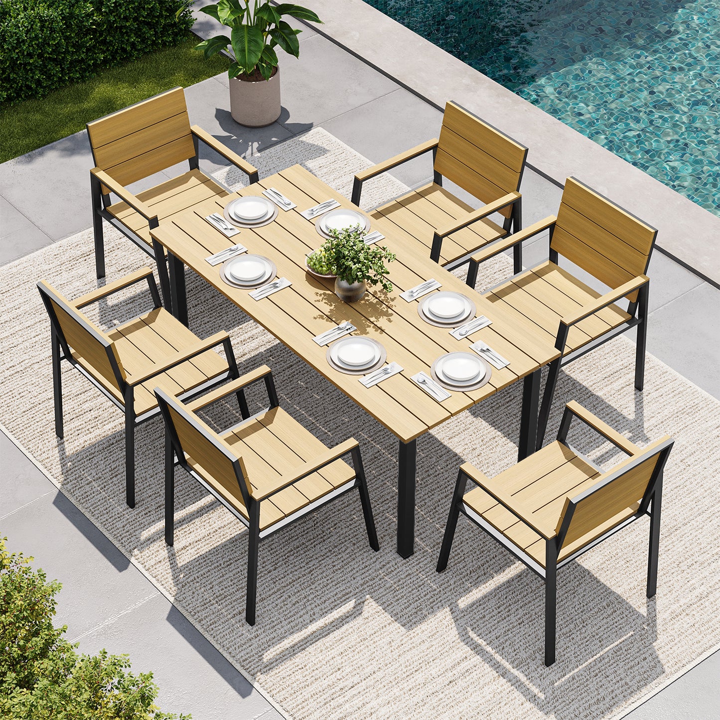 Clouddwell 7 Piece Patio Dining Set for 6, Yellow HDPS Aluminum Frame Outdoor Table & Chairs with Umbrella Hole, All Weather Rot Fade Crack Proof Heavy Duty Patio Furniture for Backyard