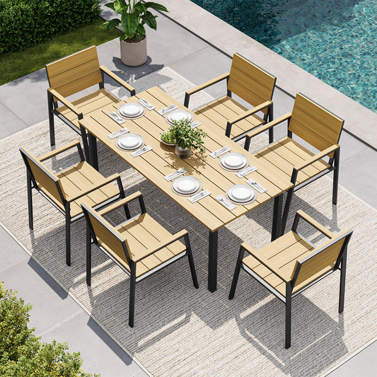 Clouddwell 7 Piece Patio Dining Set for 6, Yellow HDPS Aluminum Frame Outdoor Table & Chairs with Umbrella Hole, All Weather Rot Fade Crack Proof Heavy Duty Patio Furniture for Backyard