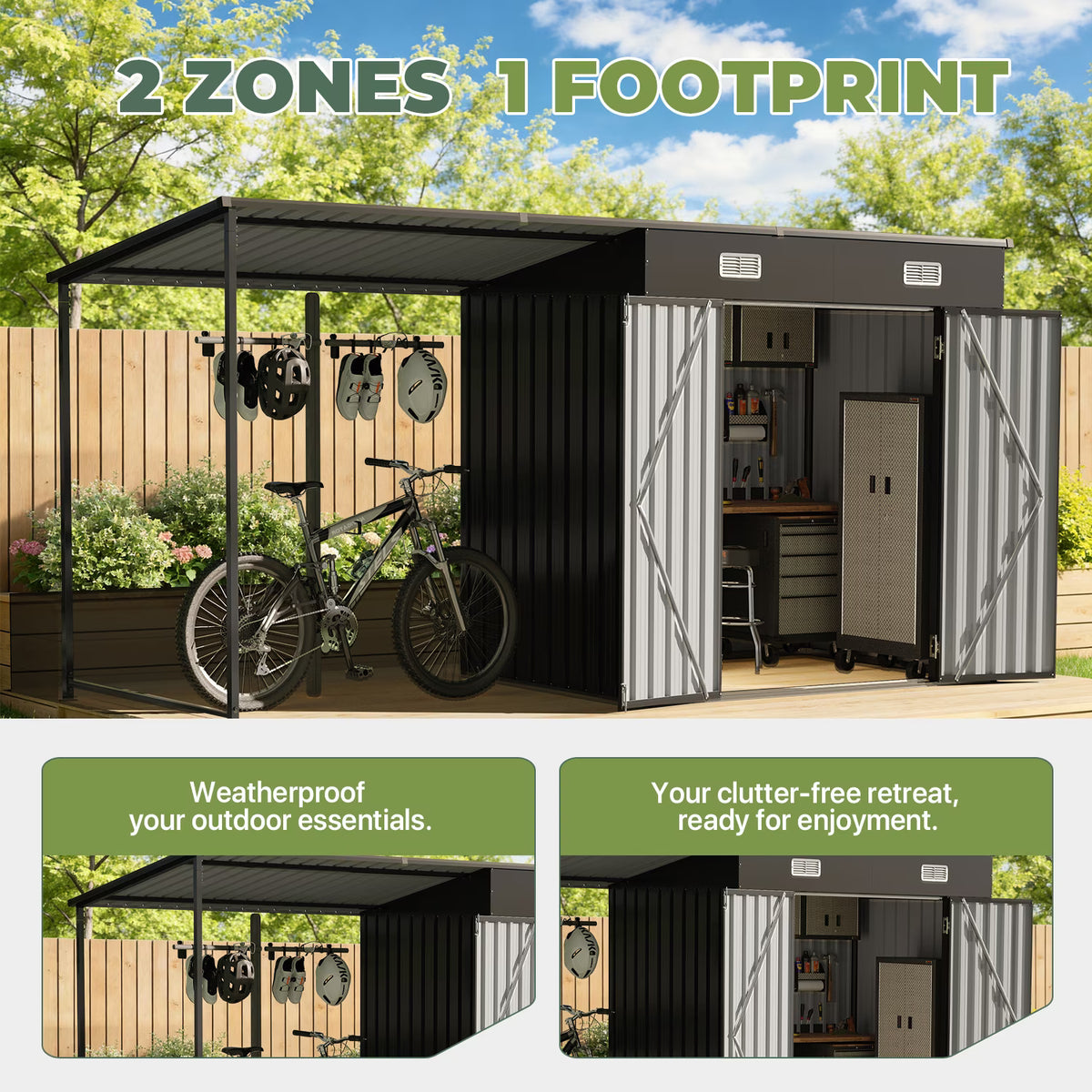 Dateyes Open-Sided Storage Shed with Hardtop Pergola, 6x4 FT Shed and Outdoor Storage with 48 Sq.ft Covered, 2-in-1 Metal Shed, Black