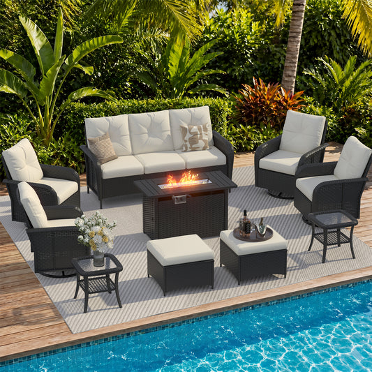 Clouddwell 10 Pieces Outdoor Patio Furniture Set, Rattan Wicker Sectional Swivel Rocker Chairs Sets with Fire Pit