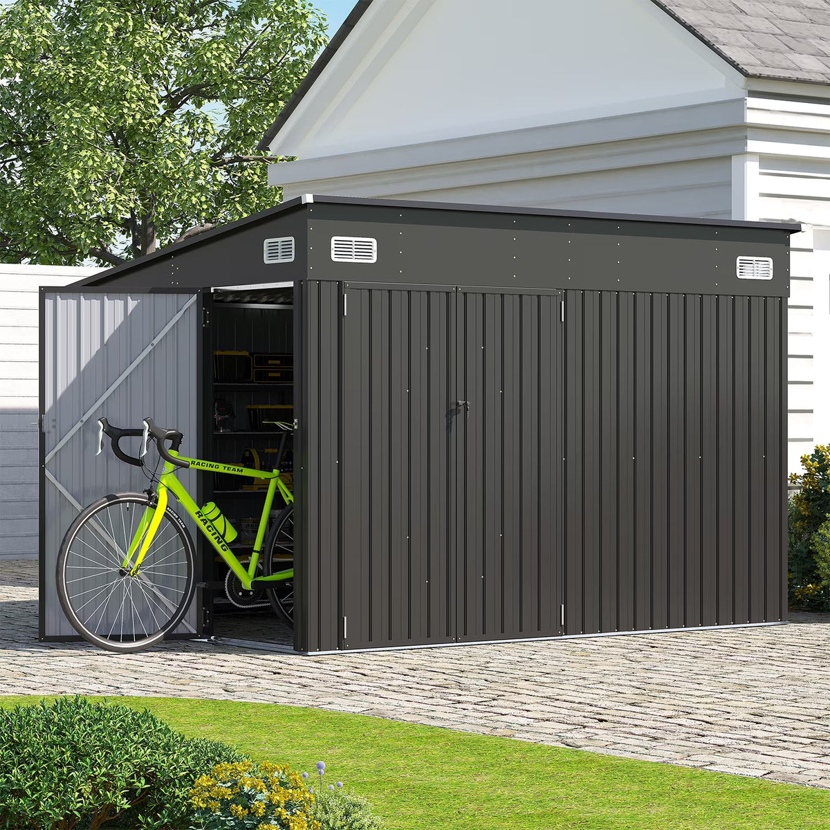 Dateyes 10' x 8' Metal Storage Shed with Triple Doors, Lockable Lean-to Design & Vents, Black