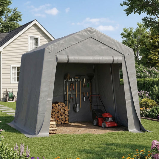 Sunmthink 10x10 FT Outdoor Carport Shed, Portable Storage Sheds with Roll-Up Door & Window, Waterproof Storage Tent with Galvanized Steel Frame for Bike, Motorcycle, Lawn Equipment