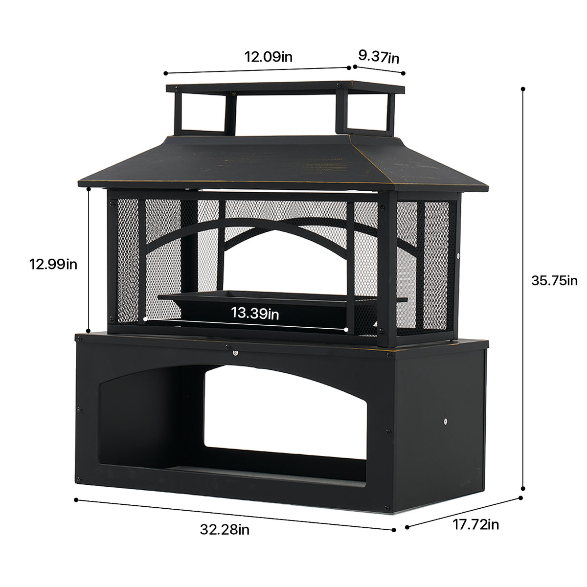 LazySunsets 32 Inch Outdoor Steel Fire Pit with Built‑in Log Storage, 360 Degree Safety Mesh Screen, Large Wood Burning Fireplace for Backyard Patio Garden Party, Black