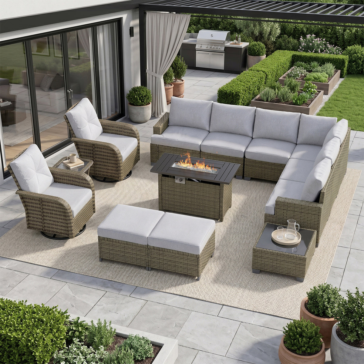 Clouddwell 13 Piece Outdoor Sectional Set with Swivel Rocker Chairs of 2, Patio Conversation Sets with Fire Pit Table and Ottomans, Light Gray