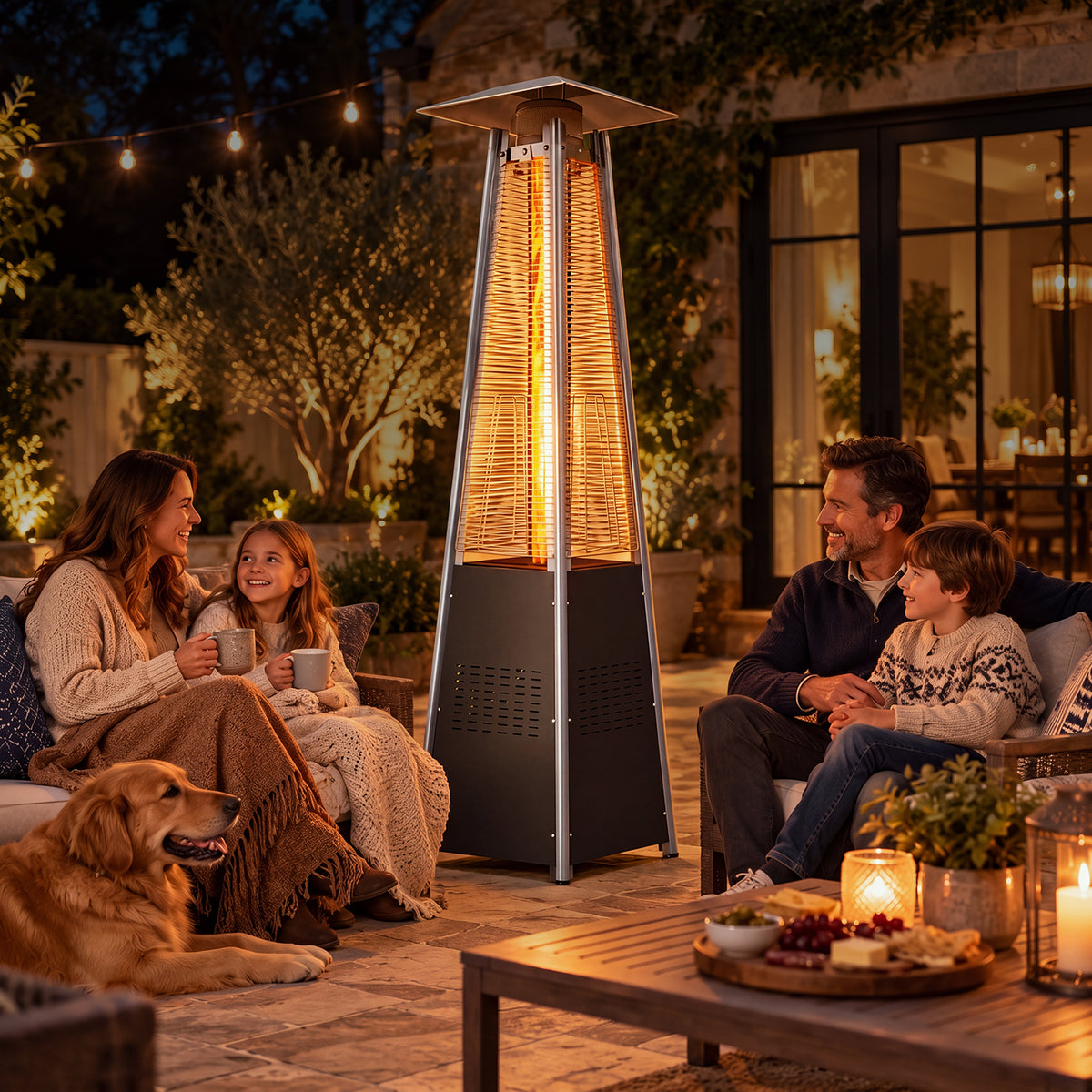 LazySunsets 87 Inch Outdoor Tower Propane Heater, 48000 BTU Black Pyramid Patio Heater with Portable Wheels, Auto Safety Shutoff