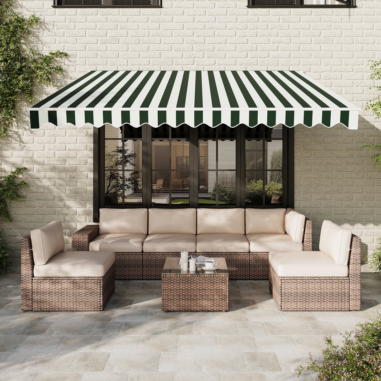 Aoxun Manual Retractable Awning 12x10 FT, Outdoor Patio Sun Shade Canopy with Crank Handle, Waterproof PA Coated Polyester Fabric for Backyard, Deck & Window, Green