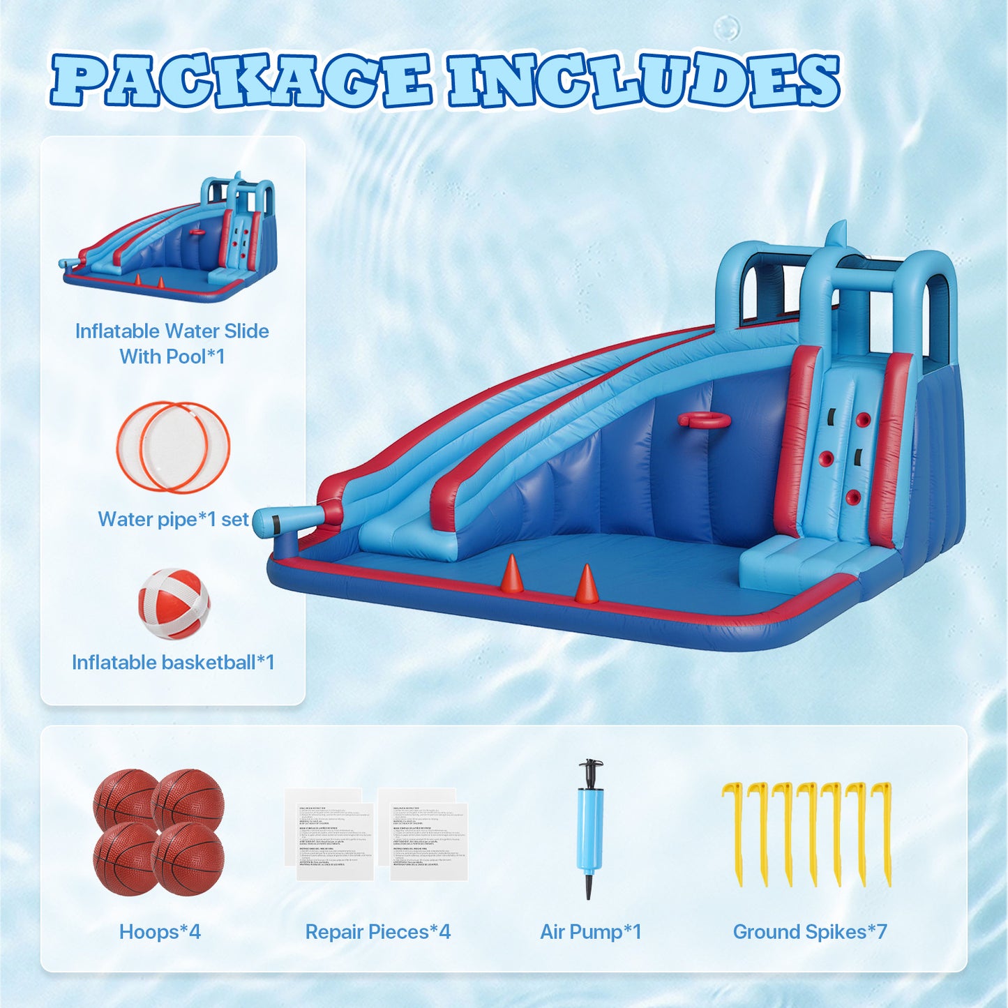 Clouddwell Inflatable Water Slide for Kids with 450W Blower, 5 in 1 Water Park Bounce House for Outdoor Summer Fun, Shark Theme, 10x12FT