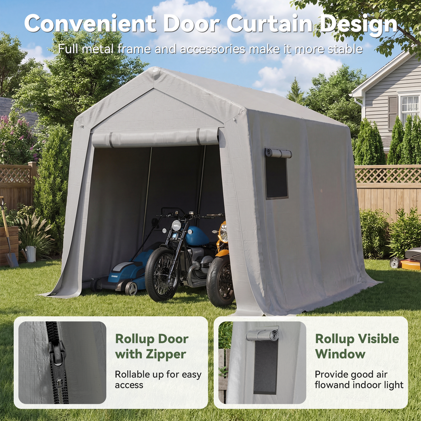 Aoxun 10x10 FT Outdoor Carport Shed, Portable Garage with Roll-Up Door & Window, Waterproof Tarp & Galvanized Steel Frame for Lawn Equipment, Bike, Motorcycle, Trunk Cover, Gray