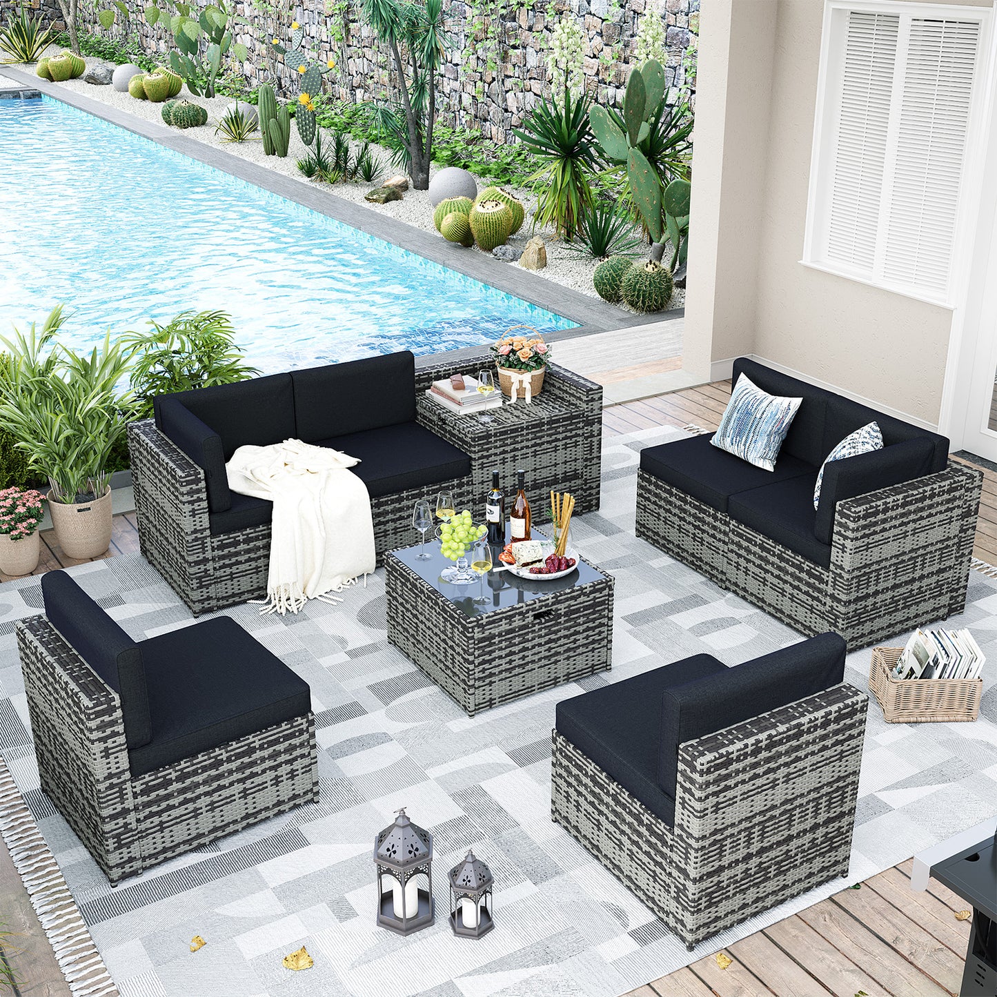 Clouddwell 8 Piece Patio Furniture Set, Wicker Outdoor Furniture with Large Storage Table, Black