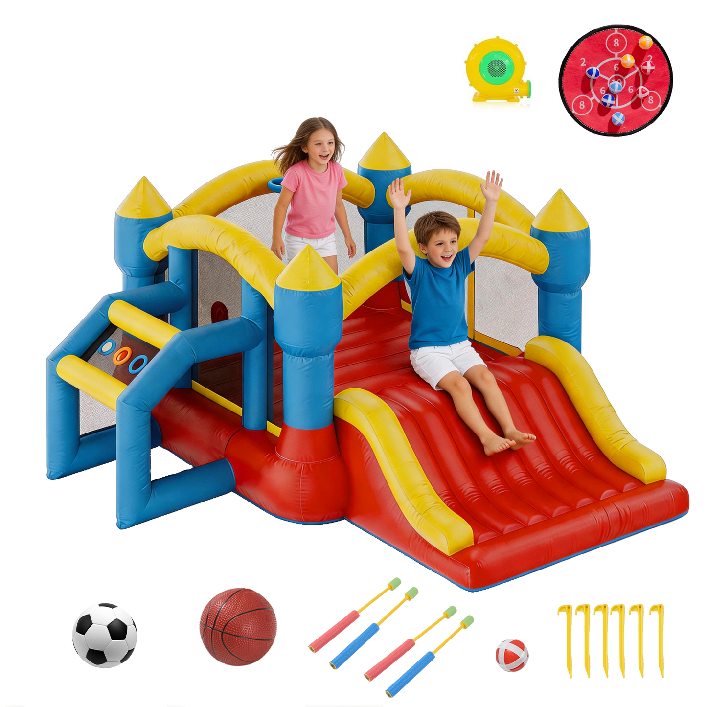 Dateyes 11x12 FT Inflatable Bounce House, Bouncy Castle Jumper with Slide, Basketball Hoop, Jumping Area for Outdoor Summer Fun, Indoor/Outdoor