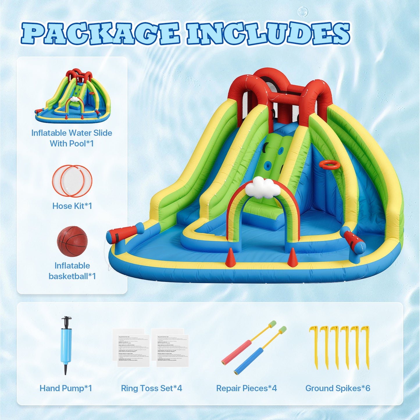 Clouddwell Inflatable Water Slide for Kids with 450W Blower, 6 in 1 Water Park Bounce House for Outdoor Summer Fun, Double Slide, 13x15FT