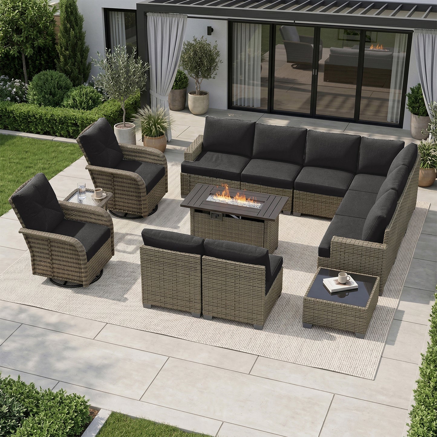 Clouddwell 7 Pieces Outdoor Patio Furniture Set, Rattan Wicker Sectional Swivel Rocker Chairs Sets with Table, Blue/Brown