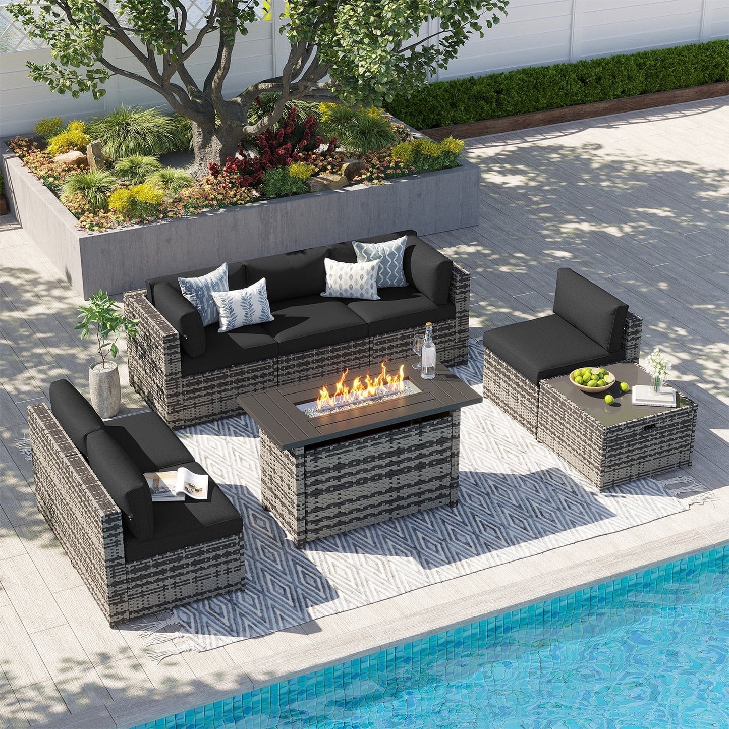 Clouddwell 8 Piece Patio Furniture Sets with Fire Pit Table, Outdoor Furniture Conversation Set With Coffee Table and Black Cushions