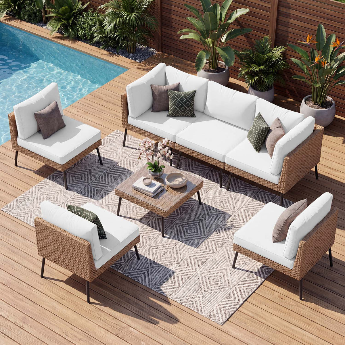 Dateyes 7‑Piece Wicker Patio Furniture Set, Modular Sectional Sofa, Outdoor Conversation Set with Beige Weather‑Resistant Cushions for Backyard Garden