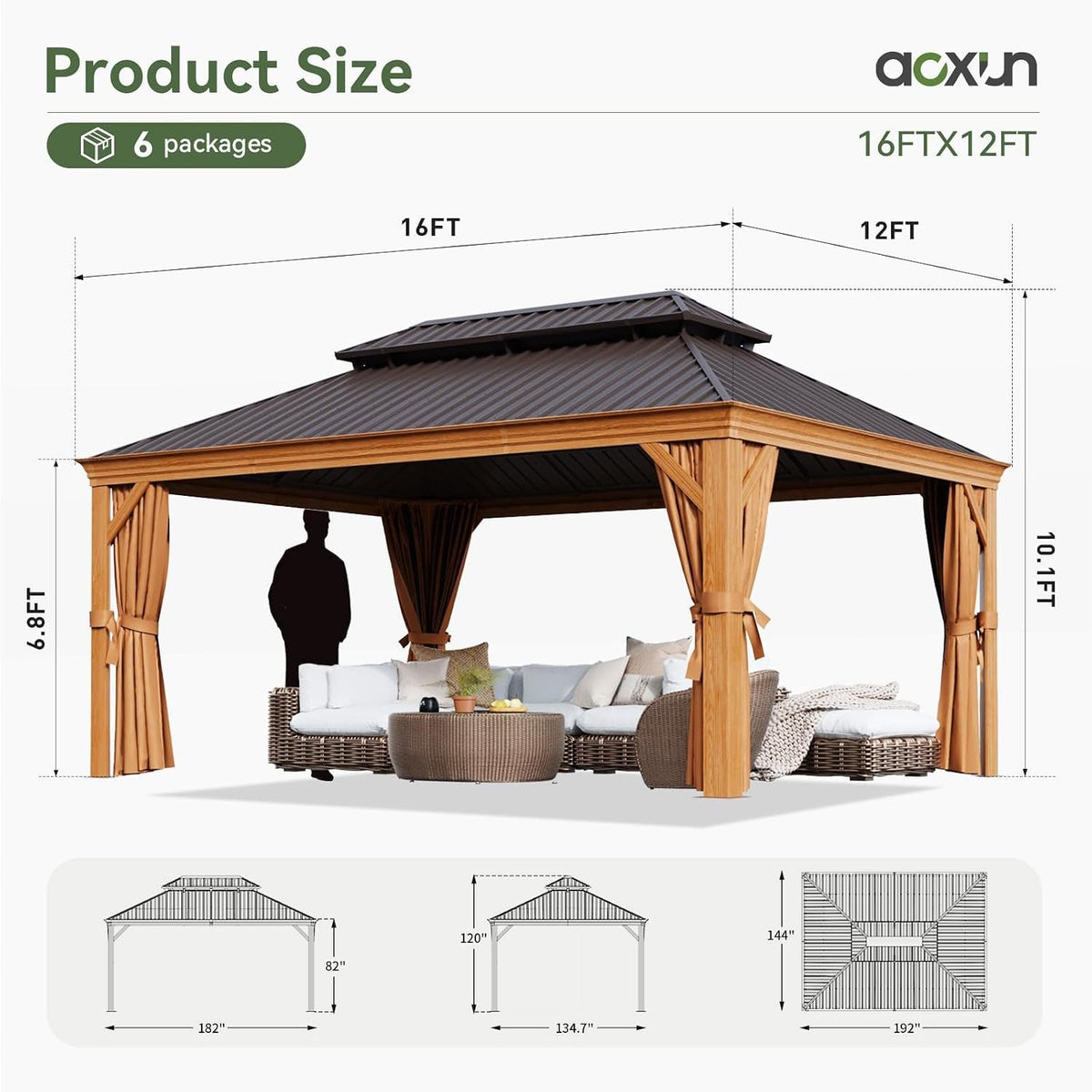 Clouddwell 12' x 16' Hardtop Gazebo, Aluminum Outdoor Gazebo with Galvanized Steel Double Roof, Hidden Gutter System, Privacy Curtains & Mosquito Netting